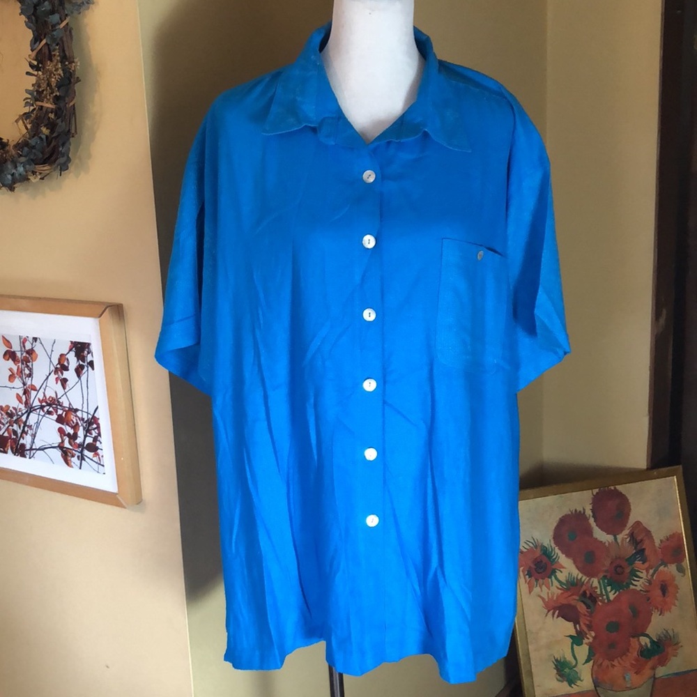 VTG 90s SELENE SPORT 3X Nubby Raw Silk Button Down Vivid French Blue Shirt NEW